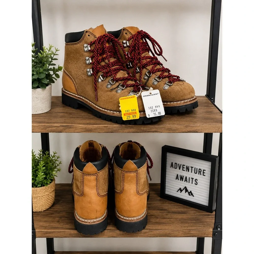 Vintage Oshmans Hiking Boots Tan Suede Leather Vibram Sole NWT Mens 6.5